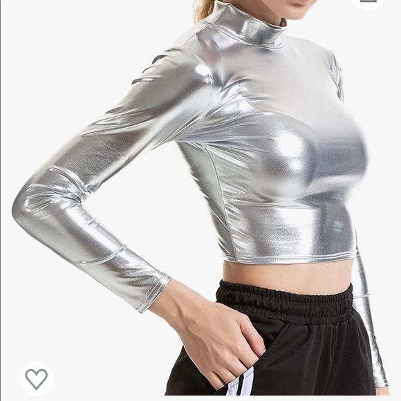 Tops | Silver Metallic Mock Turtleneck 